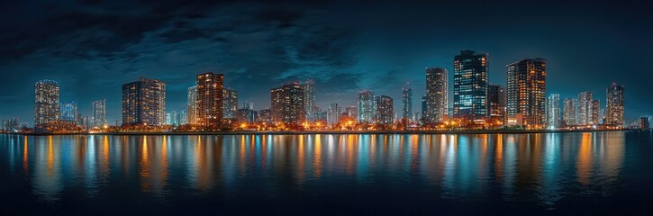 Obraz premium Night cityscape illuminated skyscrapers waterfront reflection