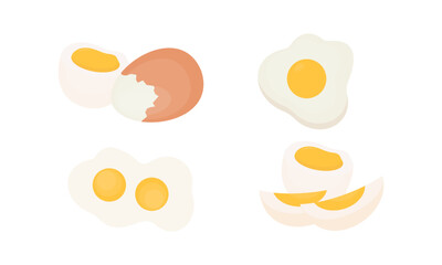 Egg sets in various forms raw, boiled and fried. Organic agricultural products. Ingredients for breakfast