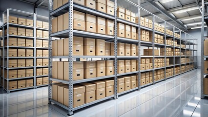 Organized storage unit with metallic shelving and labeled boxes, creating a structured environment for archive management , categorization, organization
