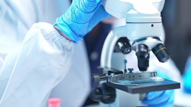 Scientist examining specimen under microscope in modern laboratory
