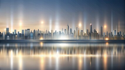 Fototapeta premium A gradient silver background with a sleek and modern aesthetic, set against a minimalist cityscape at sunset, modern cityscape, city lights