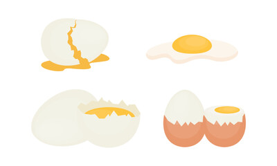 Egg sets in various forms raw, boiled and fried. Organic agricultural products. Ingredients for breakfast