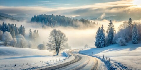 A serene winter landscape with a winding road covered in snow and ice, surrounded by dense fog, with trees and hills in the background , snowy roads, snow-covered roads