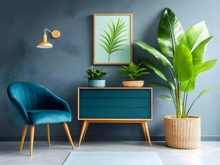 Stylish Interior Design Showcases Teal Velvet Chair, Wooden Cabinet, and Lush Plants in a Modern Room Decor.