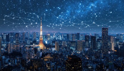 Tokyo Skyline Night View with Network Connections