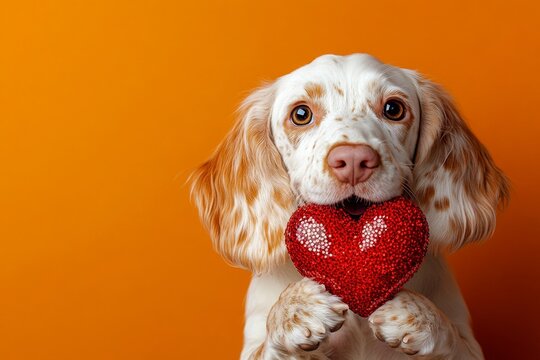 English setter - my cherished dog. Marketing artwork. Cute english setter pup with sparkling rhinestones red heart - sign of love, funny greeting card. Love and red heart concepts. Pet love.