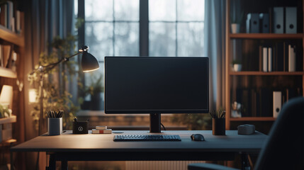 Fototapeta premium Home Office Work Desk with Monitor Indoor Design for Home Office Black Screen on Desk with Keyboard, Mouse Chic Interior in Home Modern Freelancer with warm Luxury Interior Workspace