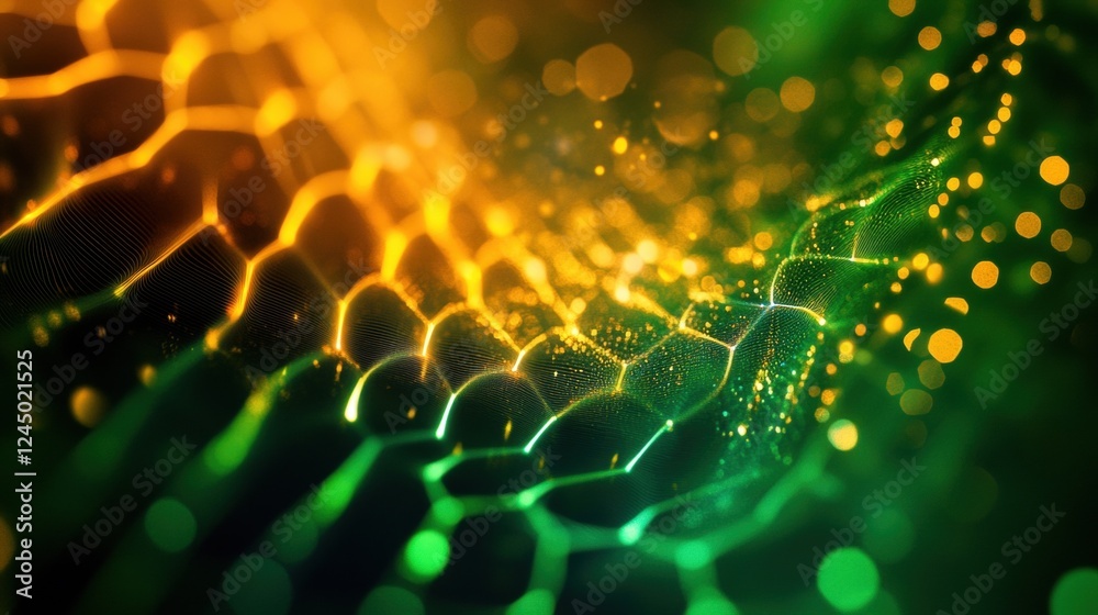 Poster an abstract image featuring a vibrant gradient of orange and green with intricate patterns and glowi