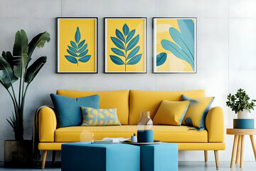 Modern Living Room with Yellow Sofa and Teal Accents Creates a Stylish and Inviting Space Perfectly.