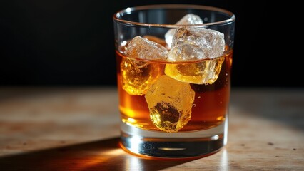 Glass of whiskey with melting ice cubes on a wooden surface in warm evening light	