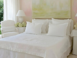 White Bedroom Decor Shows a Tranquil and Inviting Space with Soft Lighting and Lush Greenery