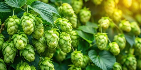 A dense cluster of green hop flowers on a bine with several stems emerging from the base, surrounded by lush foliage and leaves