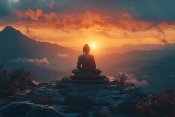 Buddha statue sunset mountaintop meditation peace