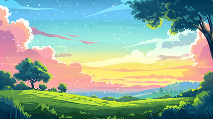 Fototapeta premium Serene landscape at sunset with colorful clouds and a starry sky over a green meadow