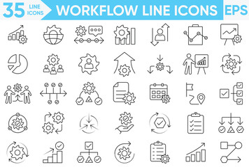 WorkFlow Line icon set. planning, progress, server, monitoring, computing, diagram, workflow, processing, operation, flowchart and more.Vector and illustrator set.