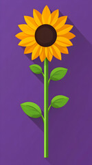 Fototapeta premium Stylized Sunflower Illustration with a Long Stem and Vivid Yellow Petals on Purple Background