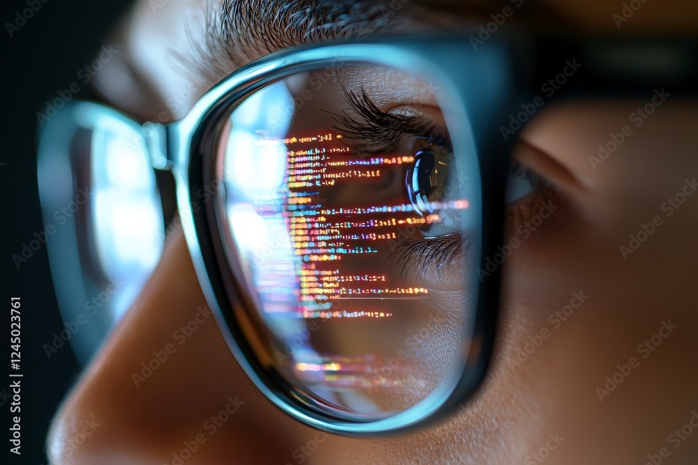 Poster close-up view of an eye with reflection of colorful programming code in glasses on a dark background