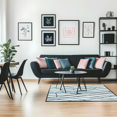 Modern living room interior design showcases a black sofa, framed botanical prints, and a minimalist rug.