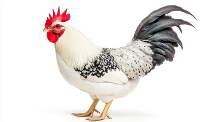 Fototapeta premium Elegant Rooster with Striking Feather Patterns on White Background