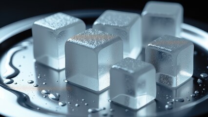 Stack of melting ice cubes with water droplets on a reflective plate in a cool-toned setting	