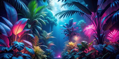 Lush tropical foliage illuminated by neon pink and blue lights in a dense jungle setting, neon lights, bioluminescent plants