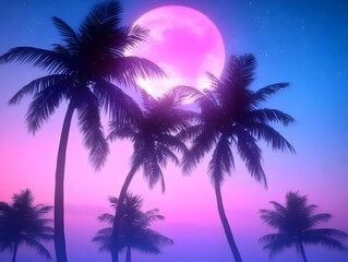 Fototapeta premium Silhouetted Palm Trees Against a Vibrant Pink and Purple Sunset Sky with a Full Moon