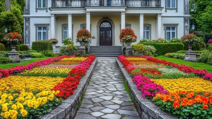 Obraz premium Vibrant flower beds and ornate stone planters arranged symmetrically in a French garden beside a chateau-inspired home.
