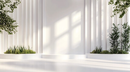 Abstract product display against a white studio background, in an empty room with window shadows casting, featuring blurred products in the space