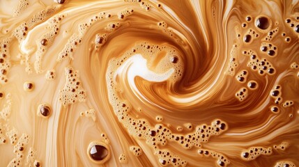 A swirling mix of creamy coffee with bubbles, showcasing rich textures and warm brown tones.