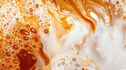 A close-up of swirling coffee and cream, showcasing rich, creamy textures and vibrant orange and...