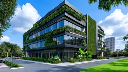 Modern Office Building with Green Facade and Lush Landscaping