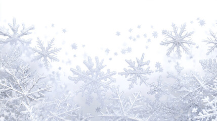 Falling delicate white snowflakes, soft winter atmosphere, frozen nature, tranquil seasonal background, bright frosty air