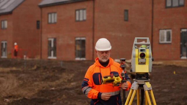 Construction site surveying with professionals using equipment to measure land in residential area during daylight hours