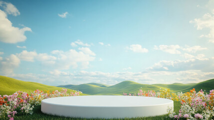 white circular platform is surrounded by vibrant green hills and colorful flowers under bright blue sky with fluffy clouds. This serene landscape evokes sense of tranquility and beauty