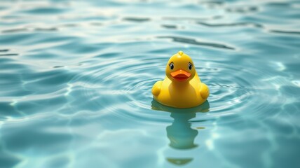 Floating yellow rubber duck in a calm blue swimming pool during a sunny afternoon