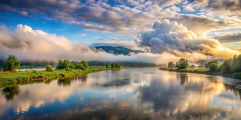 Fototapeta premium Majestic time clouds forming over a serene river with misty fog gently rolling in from the hills , misty fog, cloud formations
