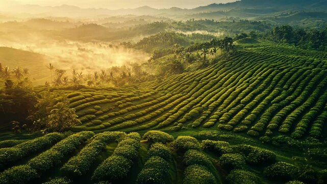 Verdant morning mist over expansive tea plantations at sunrise