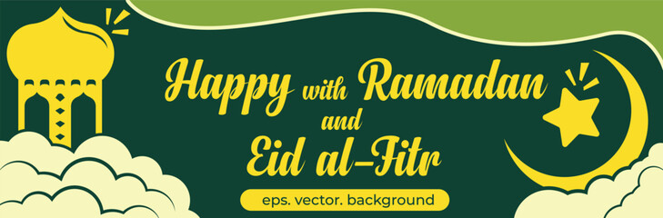 Beautiful illustration celebrating Ramadan and Eid with an artistic crescent moon and mosque elements. Elegant Ramadan and Eid Celebration Banner with Crescent Moon and Mosque Illustration