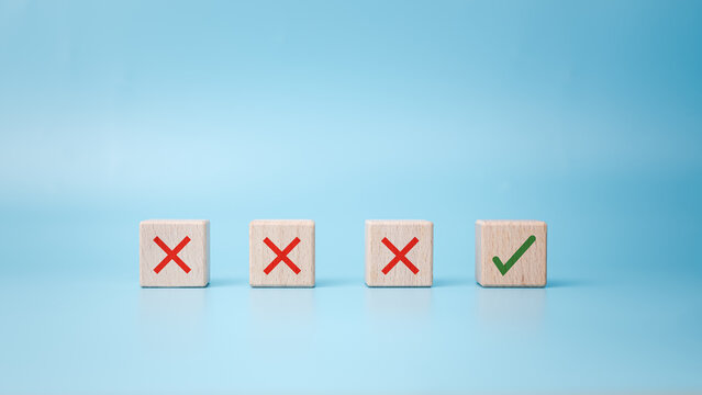 Checkbox with green check mark from row of multiple boxes with red crosses on blue background, Pro and contra or accept and decline, Strategy of choice, Concept of positive or negative decision.
