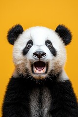 Fototapeta premium Surprised panda on a bright yellow background, capturing a playful and amusing moment perfect for engaging visuals or ads.