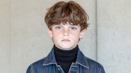 Boy, serious expression, denim jacket, urban background, portrait
