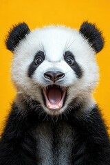Surprised panda on a bright yellow background, capturing a playful and amusing moment perfect for engaging visuals or ads.