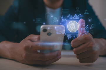 Man using smartphone scan Fingerprint biometric identity approval access to system online network, Secure access granted by valid fingerprint scan, Business technology safety internet network concept