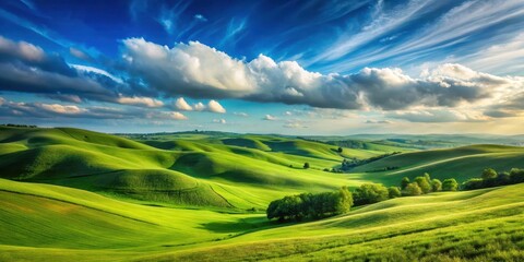 Obraz premium Rolling hills of emerald green stretch towards the horizon, meeting a brilliant blue sky at the top, with a few wispy clouds scattered across it , clear blue sky, beautiful landscape