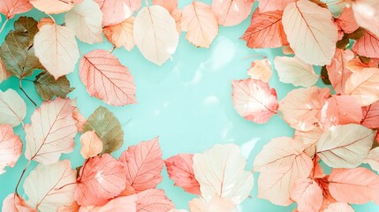 Pastel autumn leaves frame on teal. Fall design background