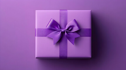 Purple Gift Box Wrapped with a Matching Ribbon and Bow on a Purple Background
