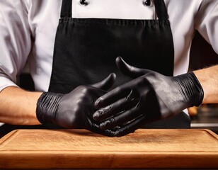chef hands wearing black gloves at restaurant kitchen with wooden chopping board