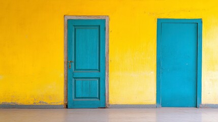 Vibrant Yellow Wall with Two Distinct Blue Doors in Simple Space