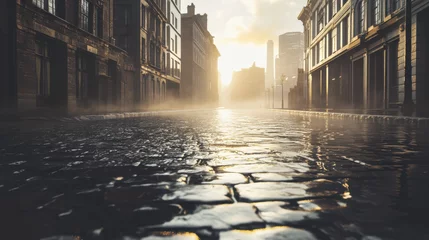 Fototapete An early morning cityscape after rain, empty streets with glistening cobblestones, towering buildings fading into soft fog © otter2