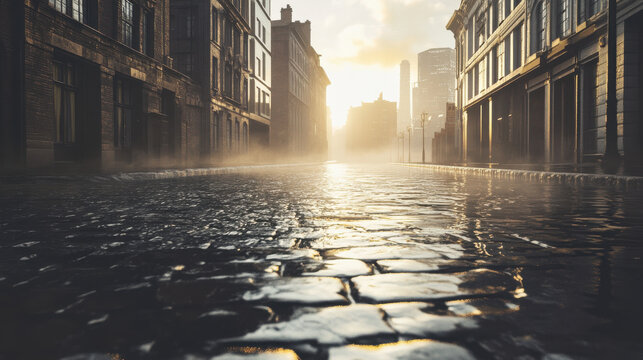 Fototapeta An early morning cityscape after rain, empty streets with glistening cobblestones, towering buildings fading into soft fog